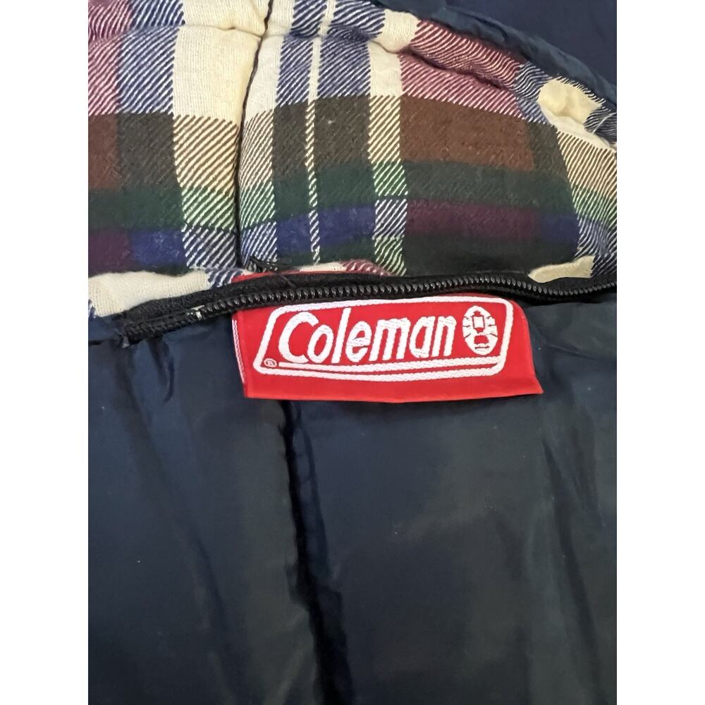 Coleman Adult Sleeping Bag with Blue plaid interior 72 x 32” cotton flannel USA
